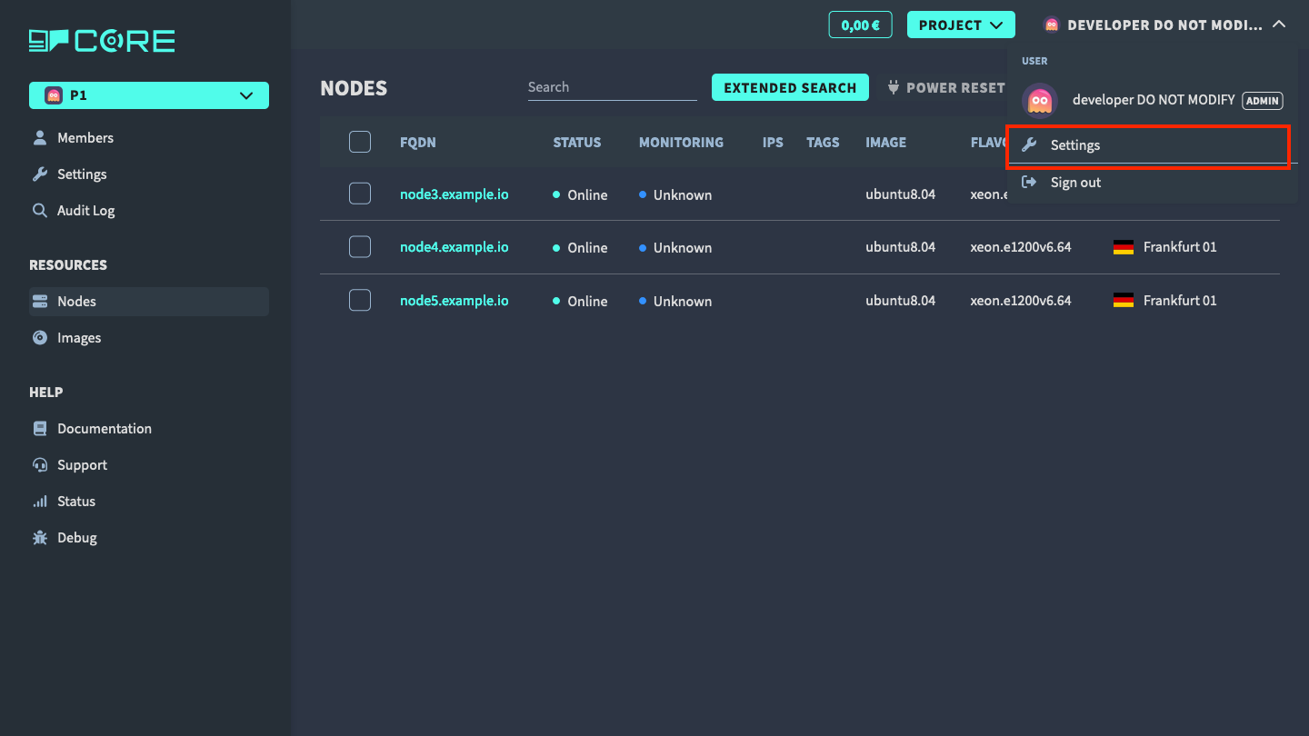 Web panel user settings